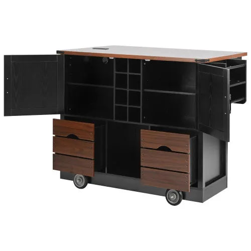 54"Kitchen Island with Drop Leaf, Power Outlet, Kitchen Storage Cart with 2 Doors, 2 Drawers, 4 Large Wheels