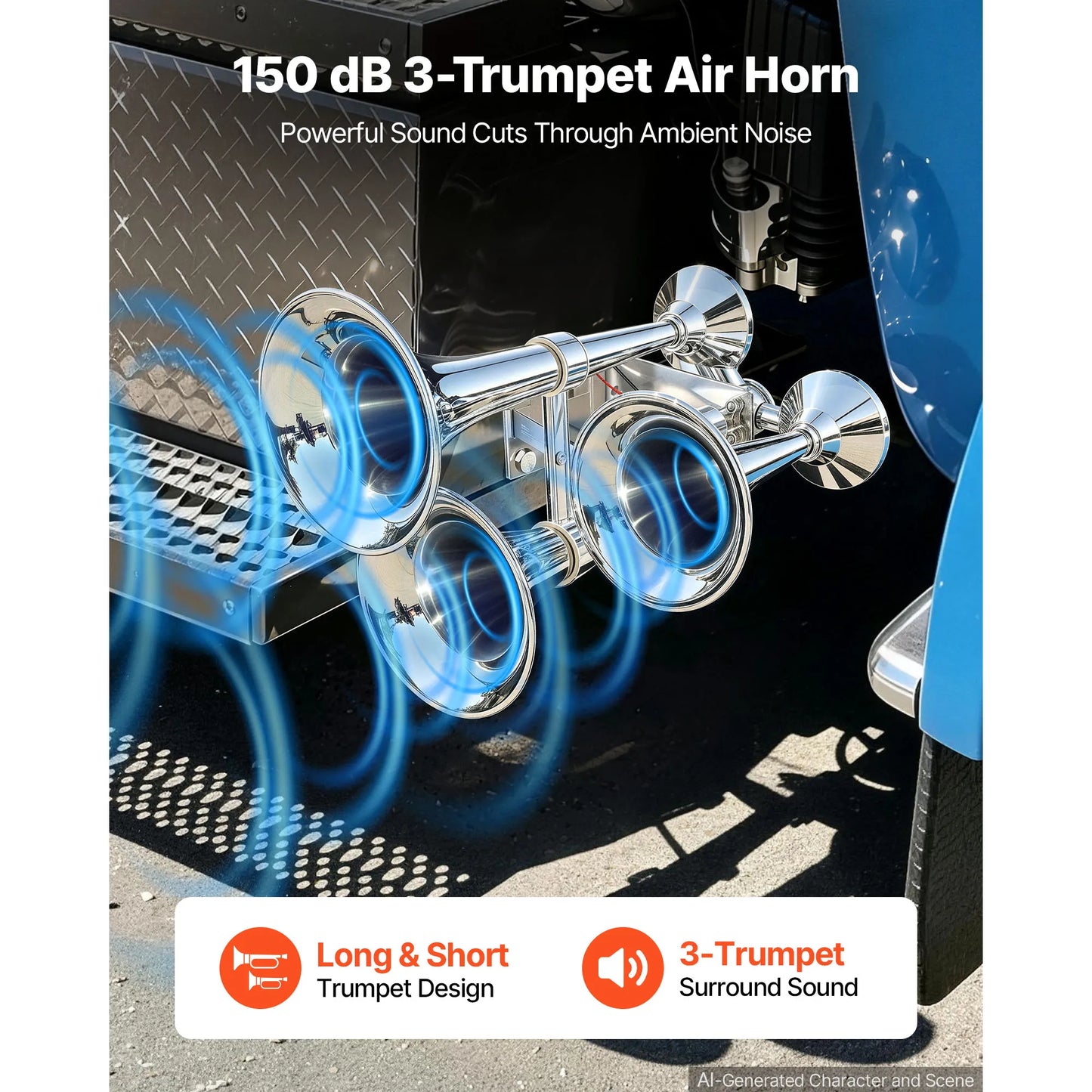 SucceBuy 3-Trumpet Air Horn 150dB Super Loud Train Horn for Trucks SUVs Fits 12V/24V Vehicles & Boats Built-in Solenoid Valve