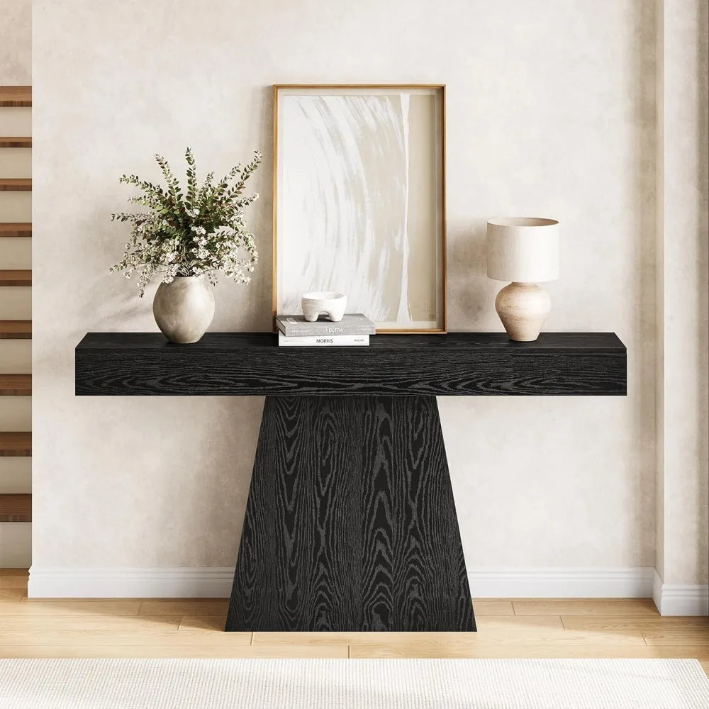 63 Modern Black Console Table, Trapezoidal Base, Perfect for Entryway and Living Room