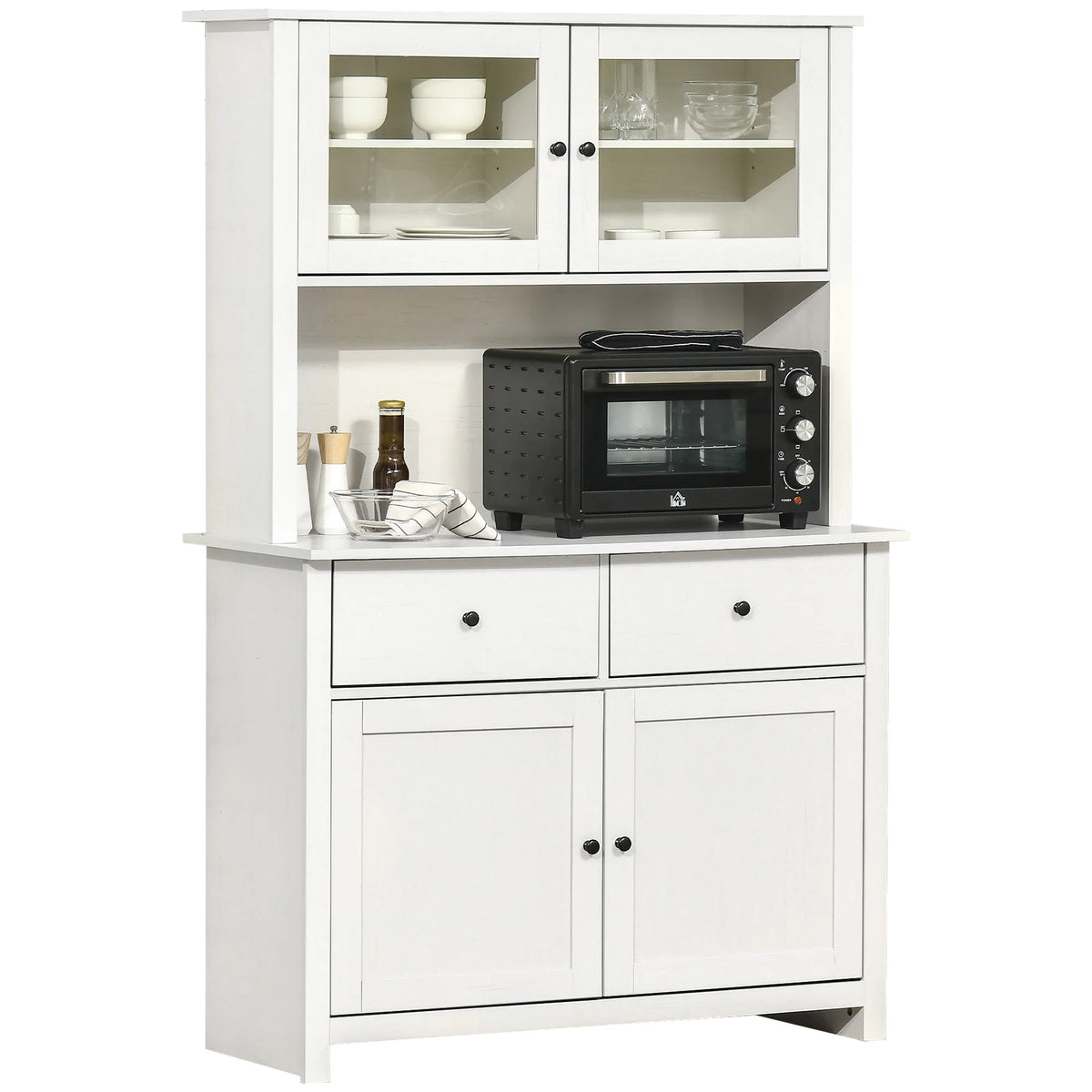 HOMCOM 63.5" Kitchen Buffet with Hutch, Pantry Storage Cabinet with 4 Shelves, Drawers, Framed Glass Doors, Open Microwave Countertop, Antique White