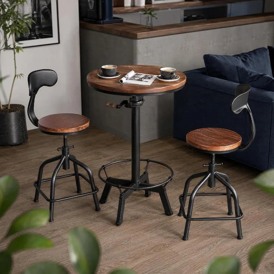 Three Piece Adjustable Bar Table and Stool Set with Black Iron Backrests