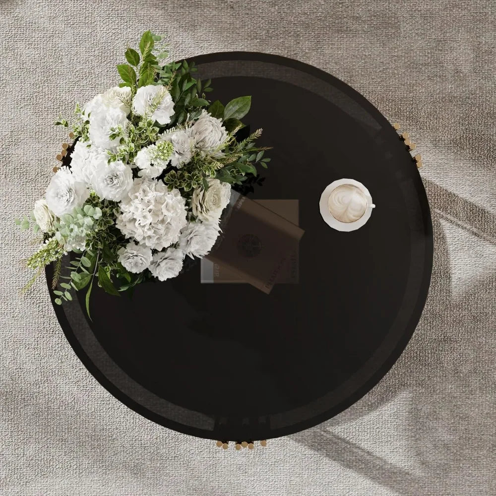 mirror coffee table, asymmetrical metal, circular metal drum base, gold finish lower shelf modern, black