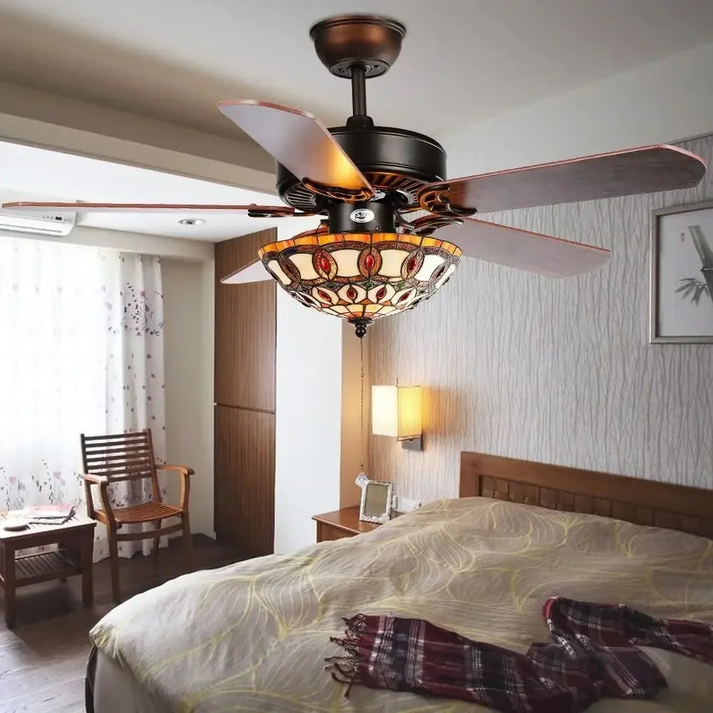 Retro Restaurant Ceiling Fan With Light Colored Glass Ceiling Fan Home Remote Control Wooden Leaf high Wind Ceiling Fan Light