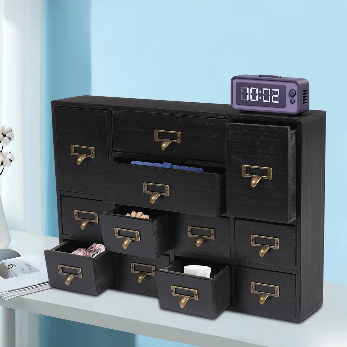 Desktop Drawer Organizer 12 Drawers, Wooden Desk Storage Box with Label Slots, Multipurpose Countertop Small Parts Cabinet, Office Craft Jewelry Art Supplies Home Counter Cosmetics Dock, No Assembly Needed, Brown/Black/Pink/B