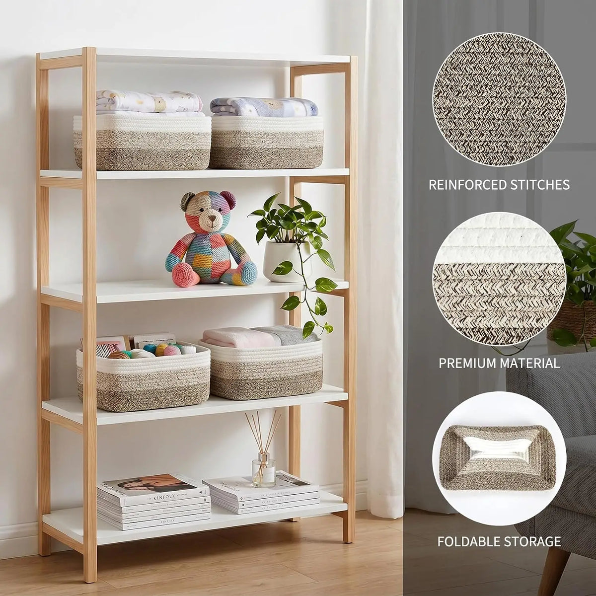 oft Cotton Rope Woven Storage Baskets Set - 3 Pack Rectangular Shelf Bins 11.8 x 7.5 x 4.7 in - No Handles, Closet Bathroom Nursery Toy Makeup Shelves & Tabletop Organizer