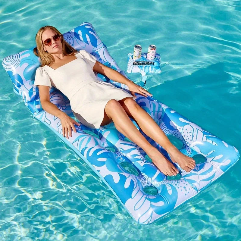 JOYFY Adjustable Backrest Pool Floats-Tropical Leaves Pool Lounger Floaties Adults with Cup Holders Inflatable Tanning Float