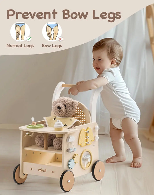 Robotime Robud Wooden Baby Walker Baby Doll Stroller Walkers Baby Push Along Walker with Safety Brake for 10+ Months