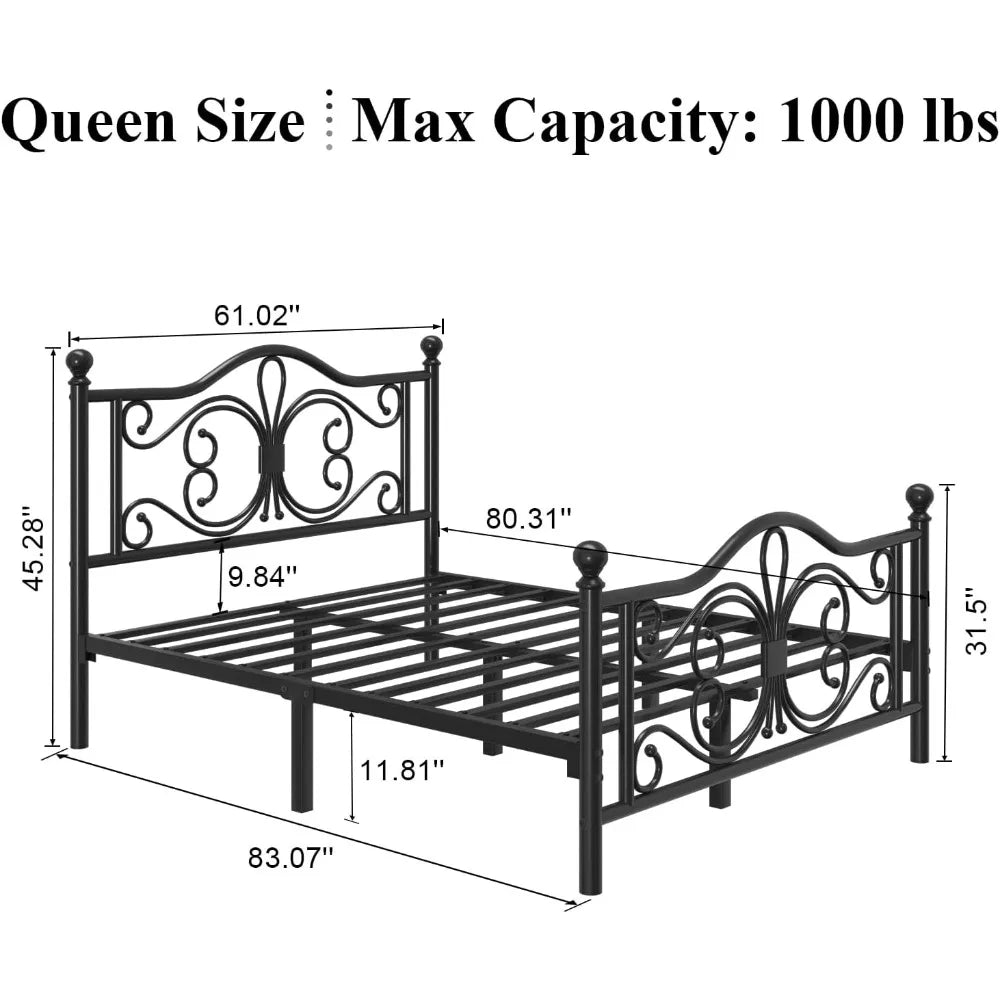 Queen size frame/metal platform bed with butterfly pattern design headboard and footboard