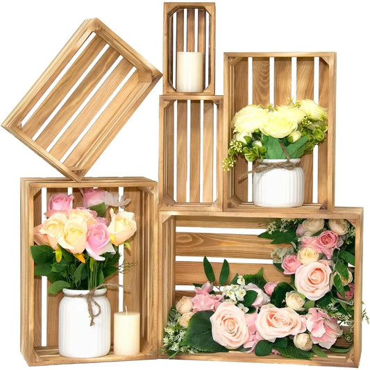 High quality 6 Pcs Decorative Wood Crates for Display,6 Size Large Farmhouse Wooden Basket for Storage Container and Decorations