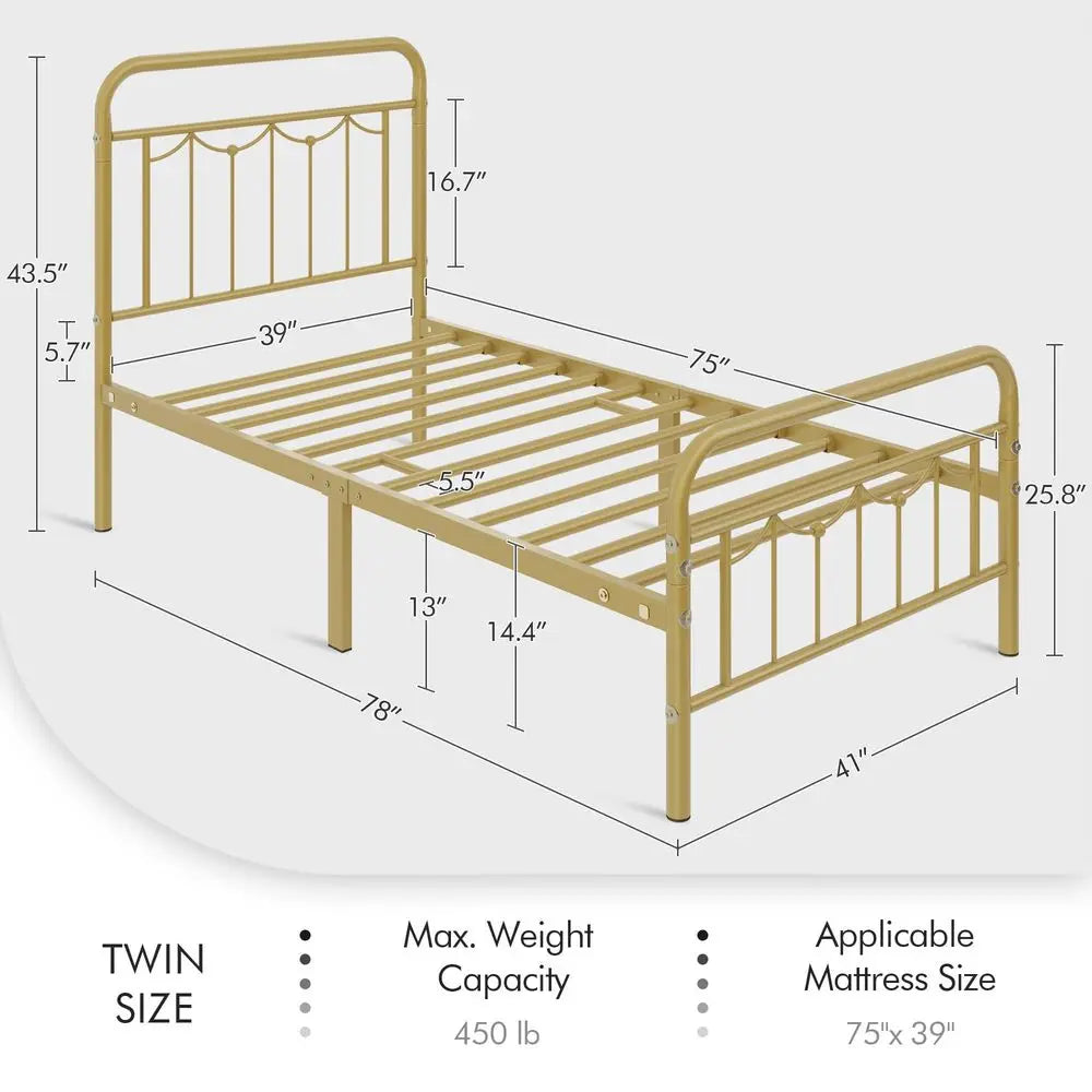 Twin Metal Bed Frame Vintage Spindle Headboard Antique Gold 450 Lb Capacity