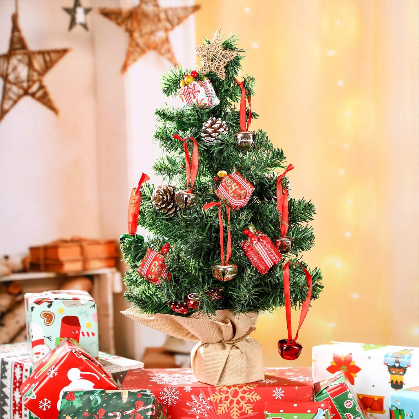 6pcs Mini Christmas Tree With Burlap Base 20cm small trees Decor Desktop Window Display Home Party Christmas Holiday Decoration