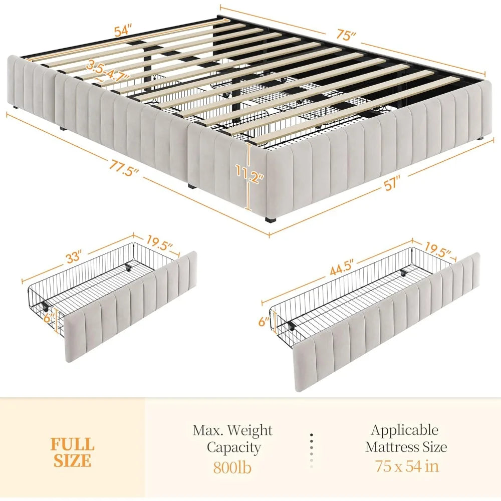 Yaheetech Full Bed Frame Upholstered Platform Bed with 3 Storage Drawers, Large Storage Space/Strong Wooden Slats/Non-Slip and N