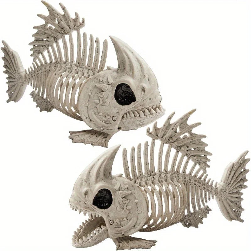 2 PCS 9.5 Halloween Poseable Fish Skeleton Decor, Animal Plastic Bones with Posable Joints for Halloween Indoor Outdoor Decorations Party Props, Yard Patio Lawn Garden Props Decor