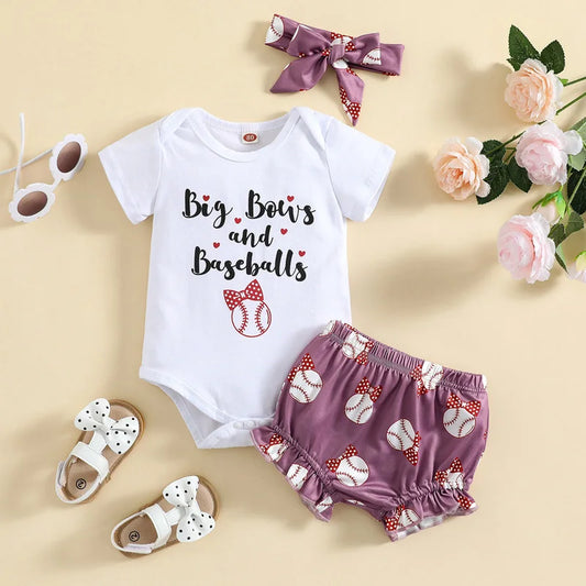 3 Pcs Newborn Casual Outfits Toddler Letter Print Short Sleeve Round Neck Bodysuit Baseball Print Shorts Bow Headband