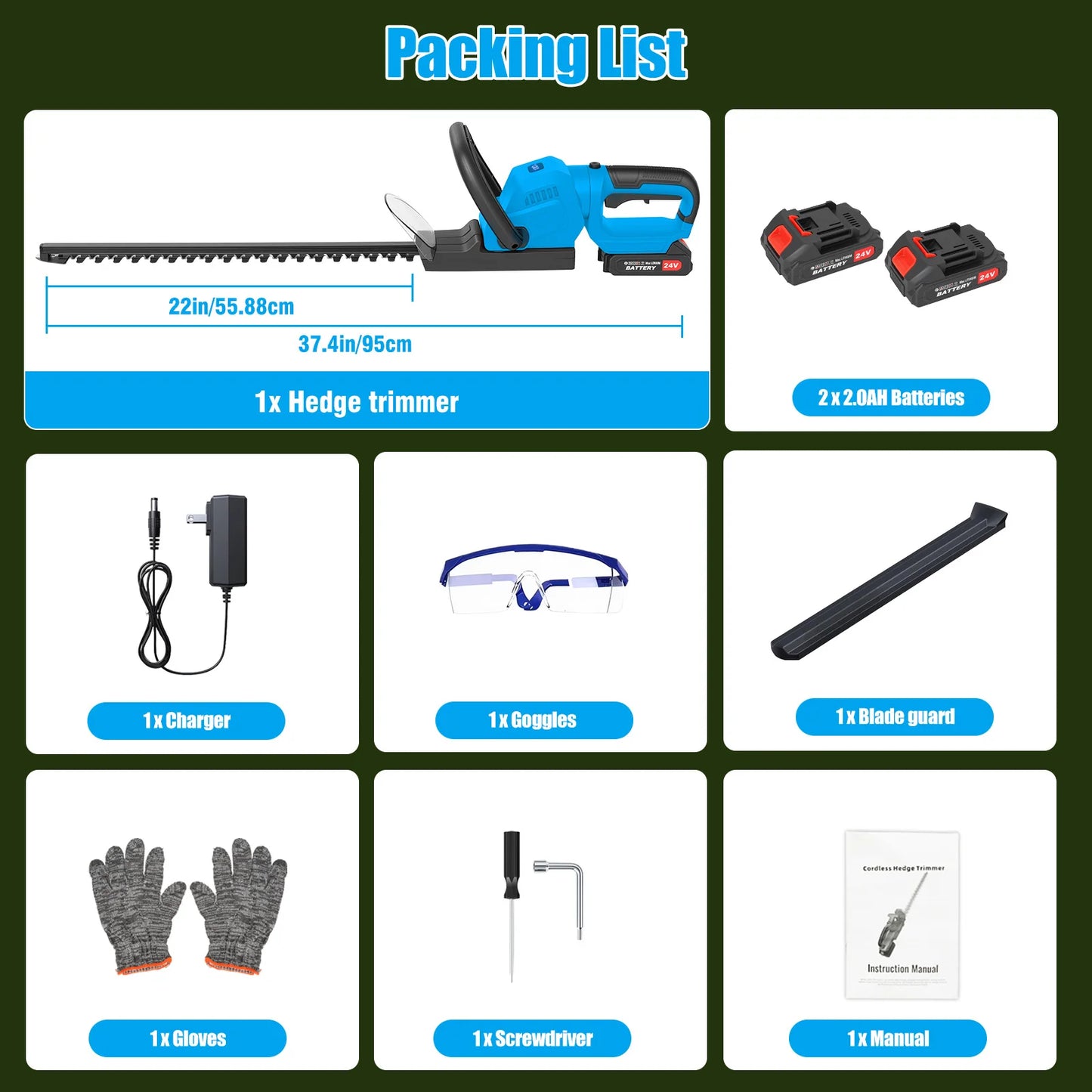 22-Inch Cordless Hedge Trimmer Lawn Mower –24000r/min Portable Hedge Cutter with 4000mAh Batteries for Lawn Garden Yard Tools