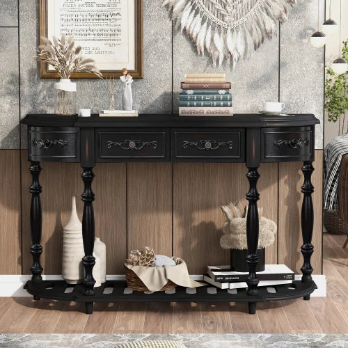 52 Inch Curved Console Table With 4 Drawers and Shelf for Entryway Living Room