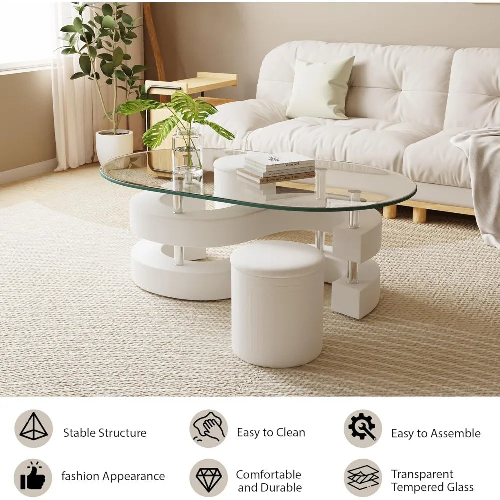 Oval Glass Coffee Table Set of 3, 0.39" Tempered Glass Top and S Shape Base, Modern Center Table with 2 Leather Stools, Accent C