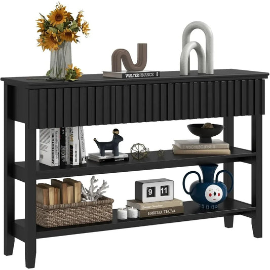 Painted Wood Console Table Narrow Long Sofa Table Modern Behind Couch Fluted Entryway Table with 3 Drawer
