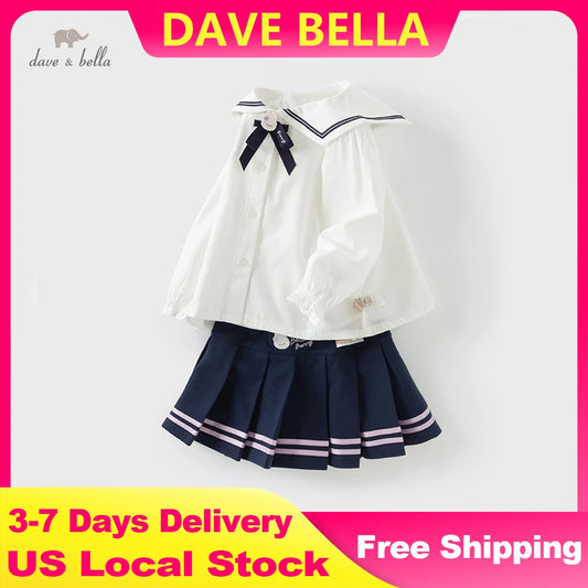 Dave Bella Girls Long Sleeve Shirt Skirt Sets Spring Summer Bloouse Skirt Two-pieces Suits Children's Casual Clothes DB1250022