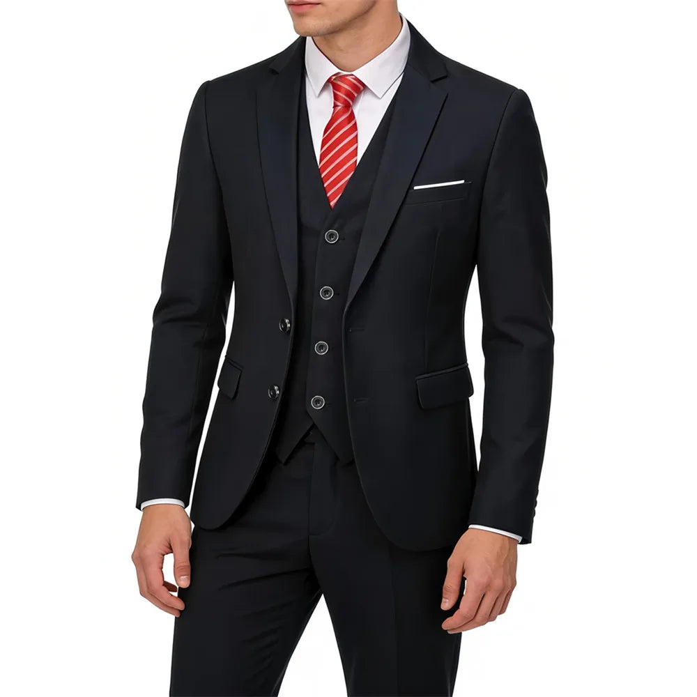 Men's Suit 3 Pieces Set Solid Color Slim Fit Business Leisure Banquet Wedding Groom Dress Jacket Vest with Pants