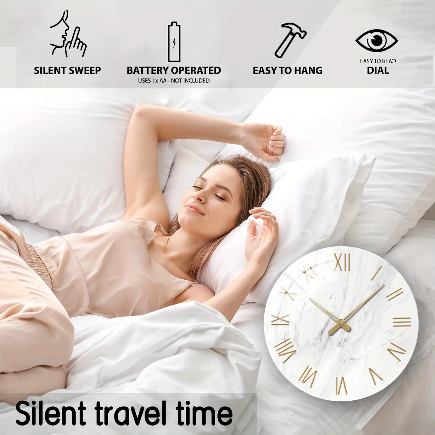12-16 Inch Modern Marble Texture Tempered Glass Large Wall Clock - Battery Operated, Handcrafted Silent Non-Ticking Clock, Suita