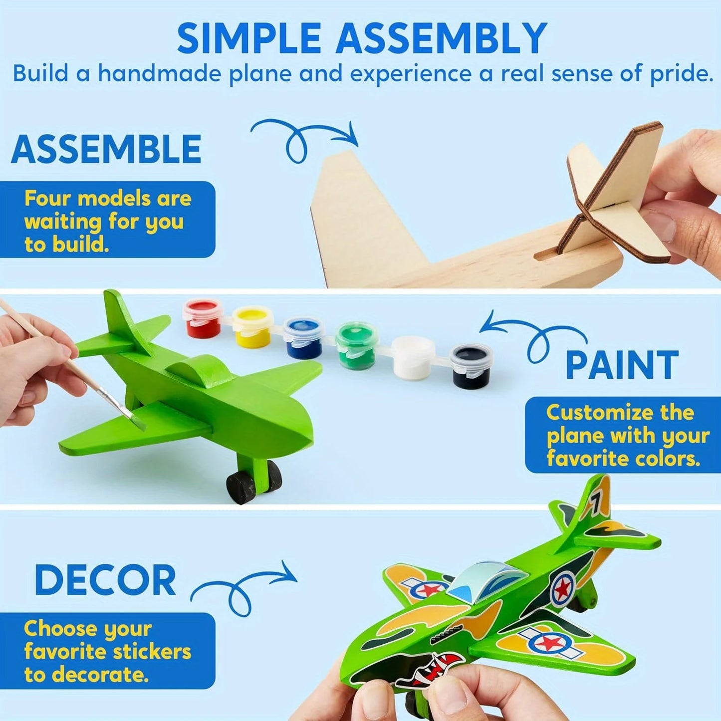 JOYFY 4Pcs DIY Wooden Aircrafts-Build & Paint Your Own Wooden Airplane Craft Kit Easy to Assemble  for Boys 6-12 Birthday Gifts
