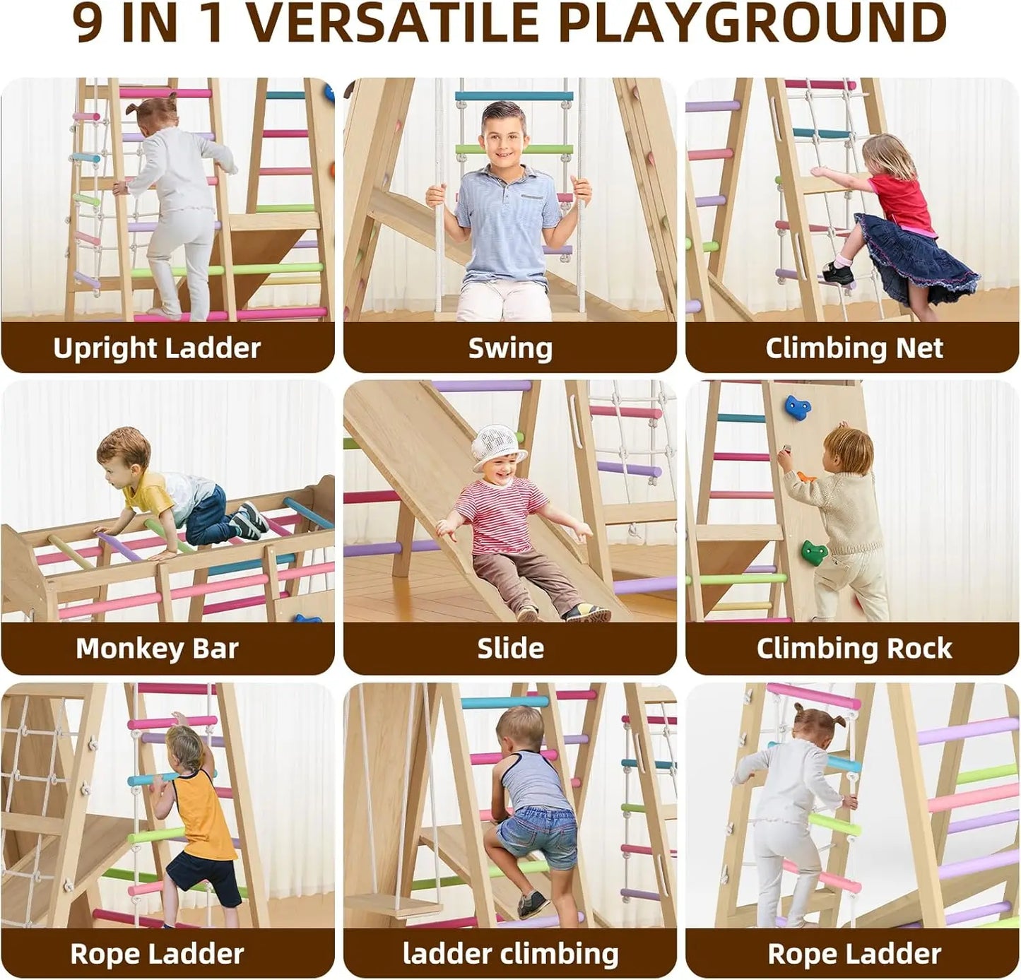 9 in 1 Wooden Indoor Playground: Slide, Swing, Rope Ladder, Climbing Net, Rock Wall, DIY Name Stickers
