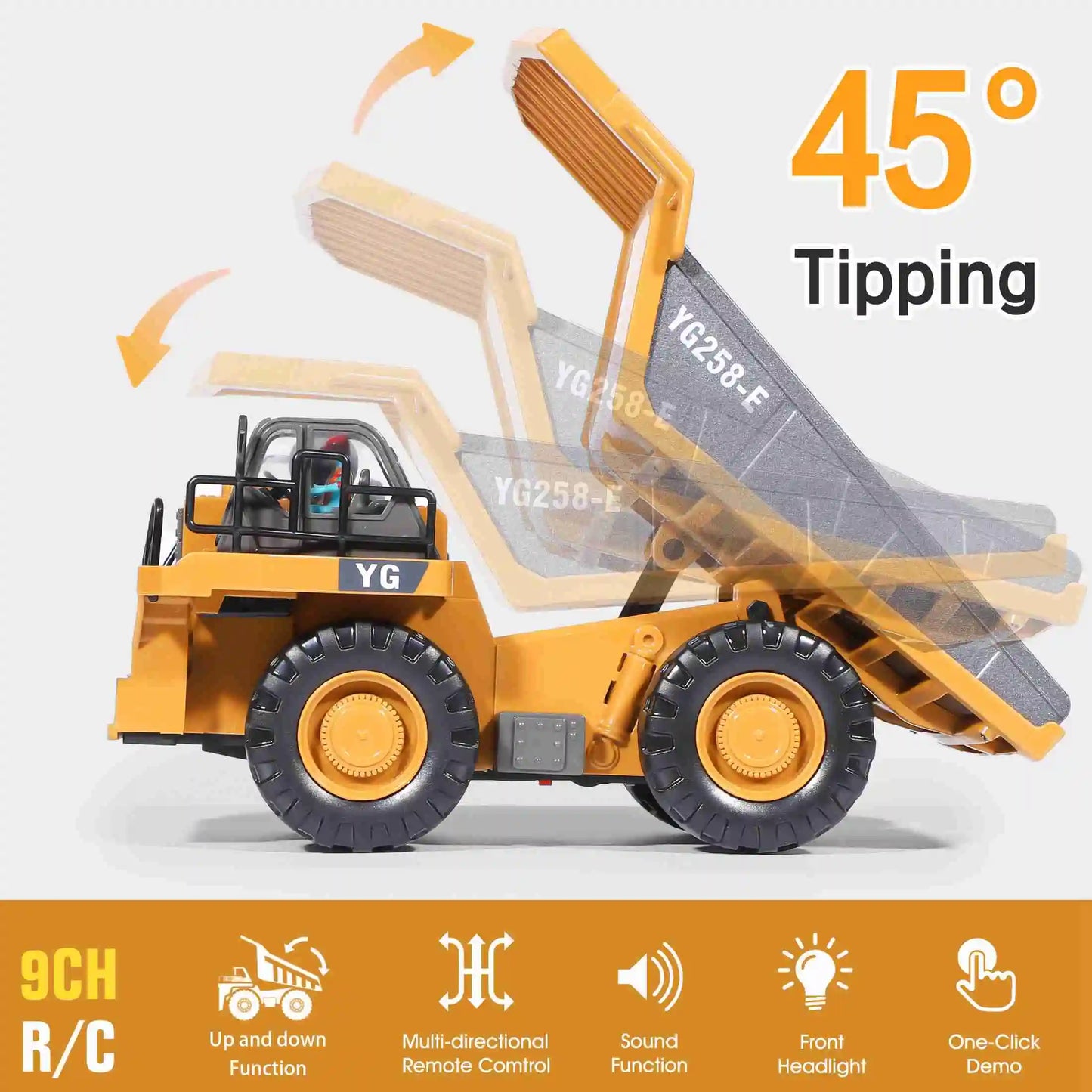 9 Channel Dump Truck  Yellow Double Battery Remote Control Dump Truck with Light Sound for Present Dump Truck