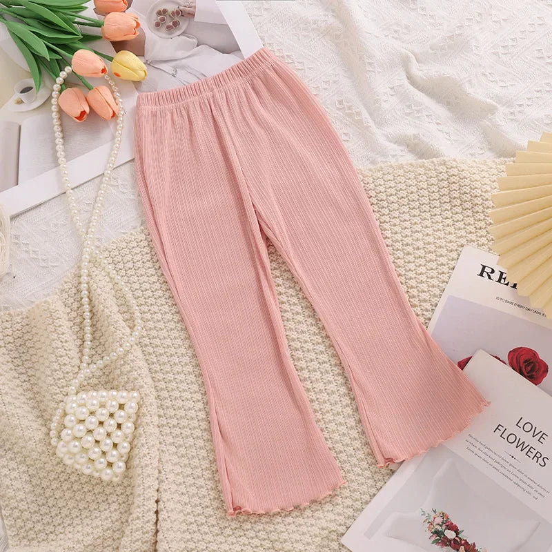 Children Summer Solid Color Thin Ribbed Knit Flared Pants Girls Casual Trousers Korea Fashion Pants Girl Princess Style Capris