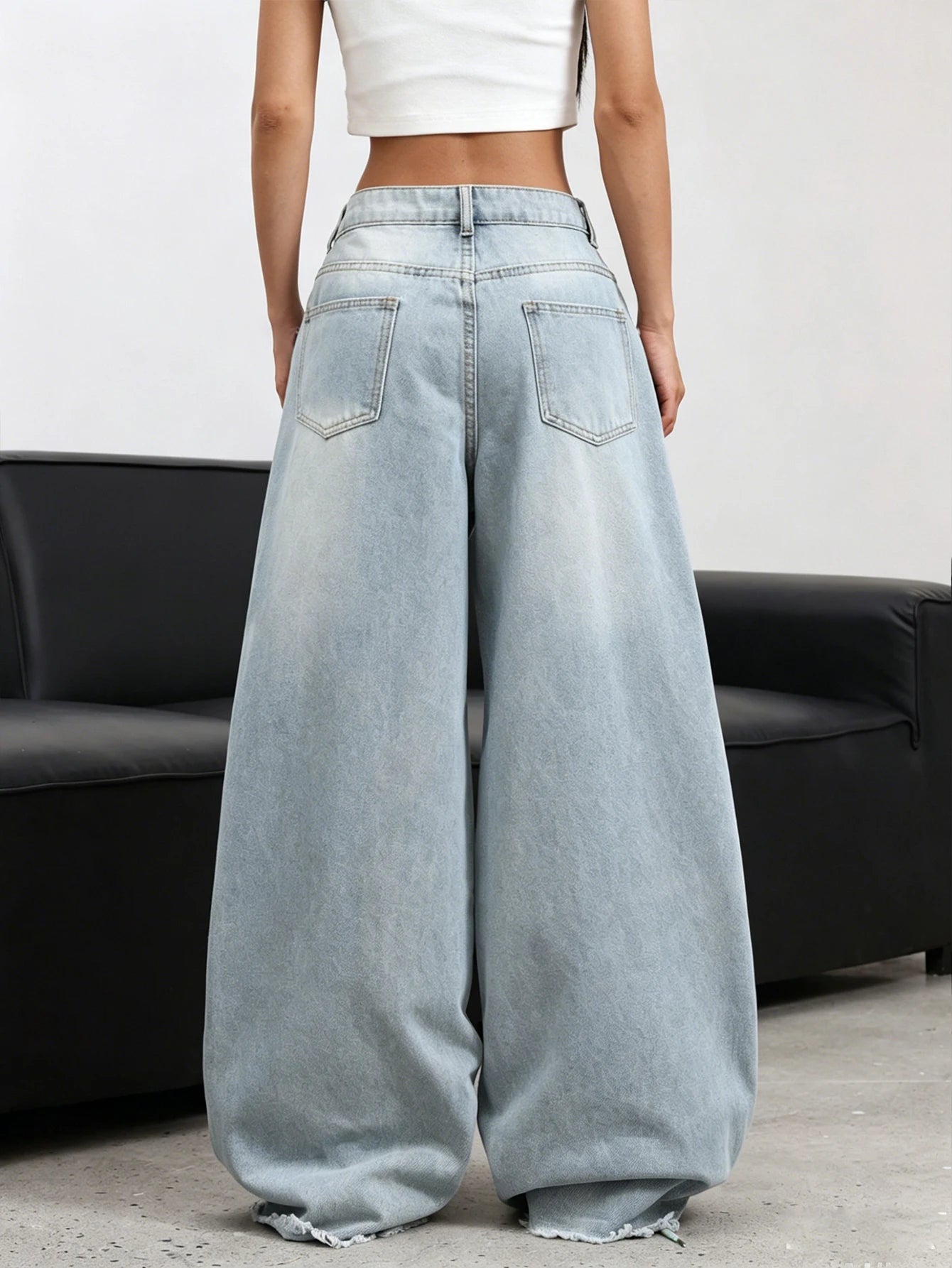 American Retro Plum Blossom Embroidery Design Blue Women's Loose Wide-Leg Jeans Y2K Street Fashion Versatile Straight Trousers