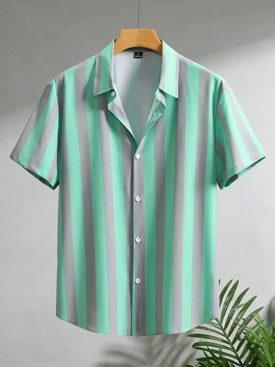 Men Vertical Striped Button Up Short Sleeve Shirt Casual