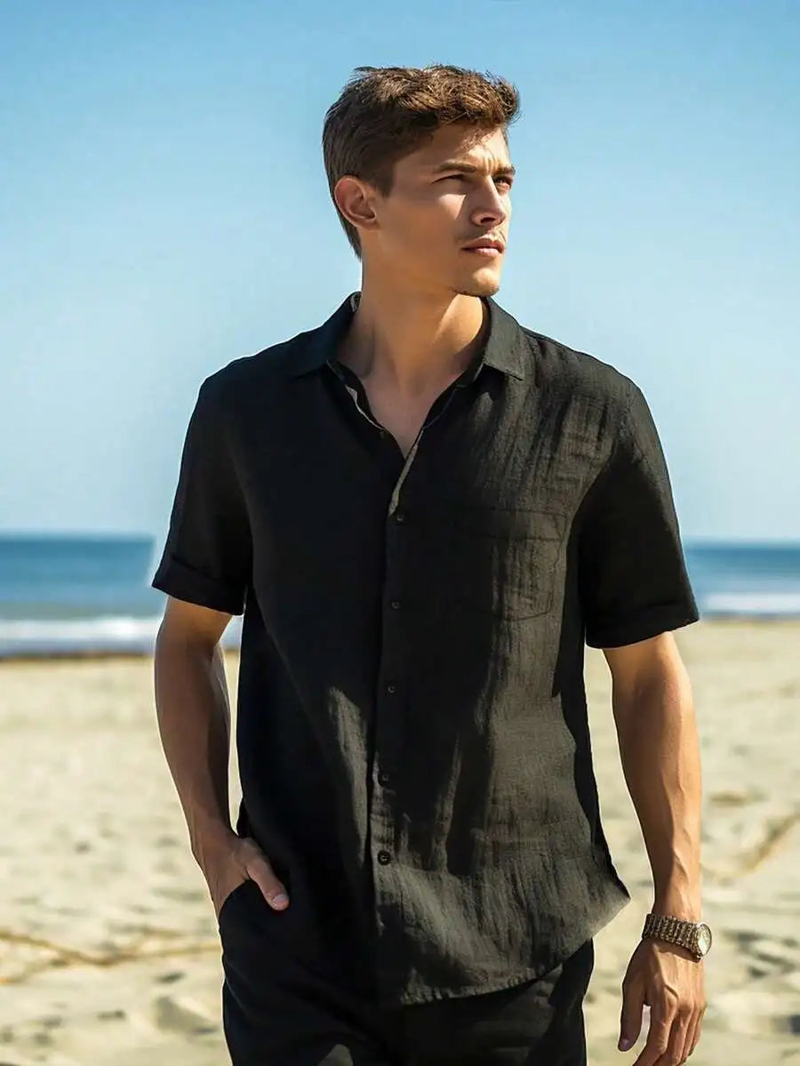 Mens Solid Color Short Sleeve Casual Shirt With Pocket