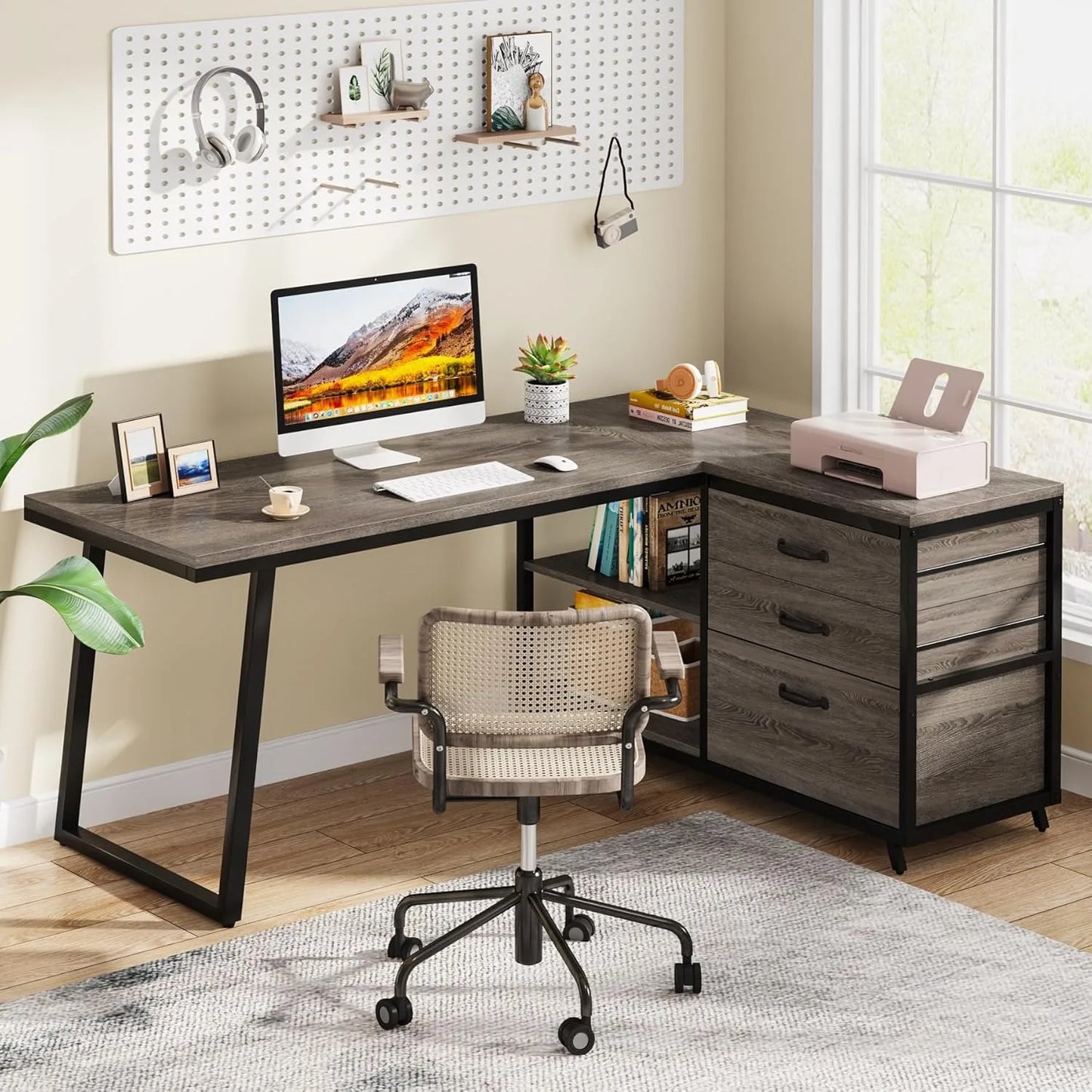 LITTLE TREE L-Shaped Desk with 3 Drawers, Reversible Corner Desk for Home and Office with Shelves, 130cm Industrial PC Desk
