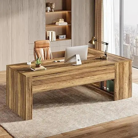 72.8" Large Executive Desk with 47.24" Cabinet, Office Desk with Storage Shelves, Farmhouse Wooden L-Shaped Desk for Home Offic