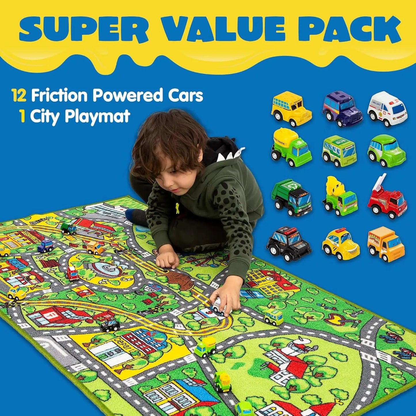 JOYFY Carpet Playmat w/ 12 Cars Pull-Back Vehicle Set for Kids Age 3+ Jumbo Play Room Rug City Pretend Play Multiple Color