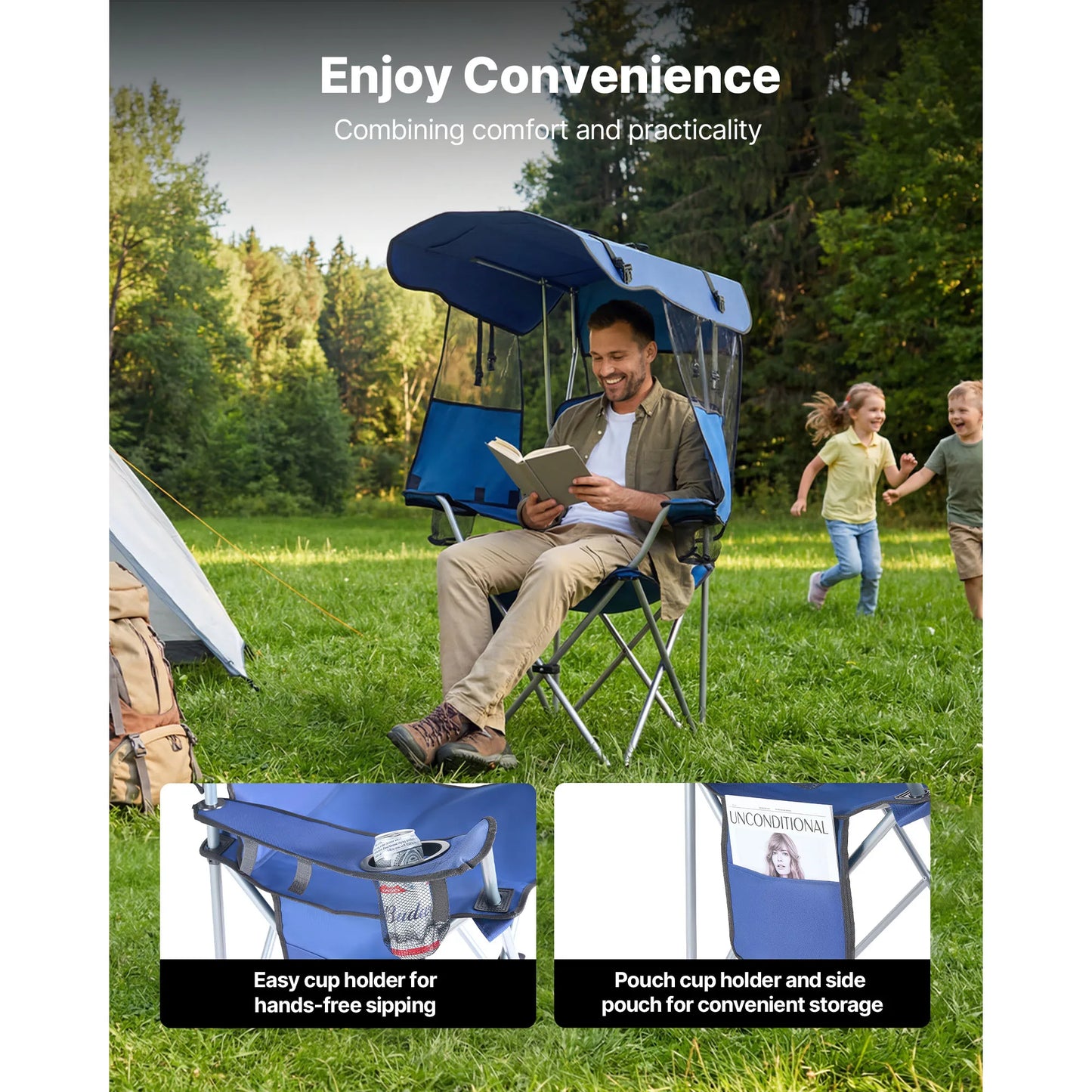 SucceBuy 330lbs Camping Chair with Canopy Shade Magazine Pocket 2 Cup Holders Carry Bags for Outdoor Fishing Tailgates Deep Blue