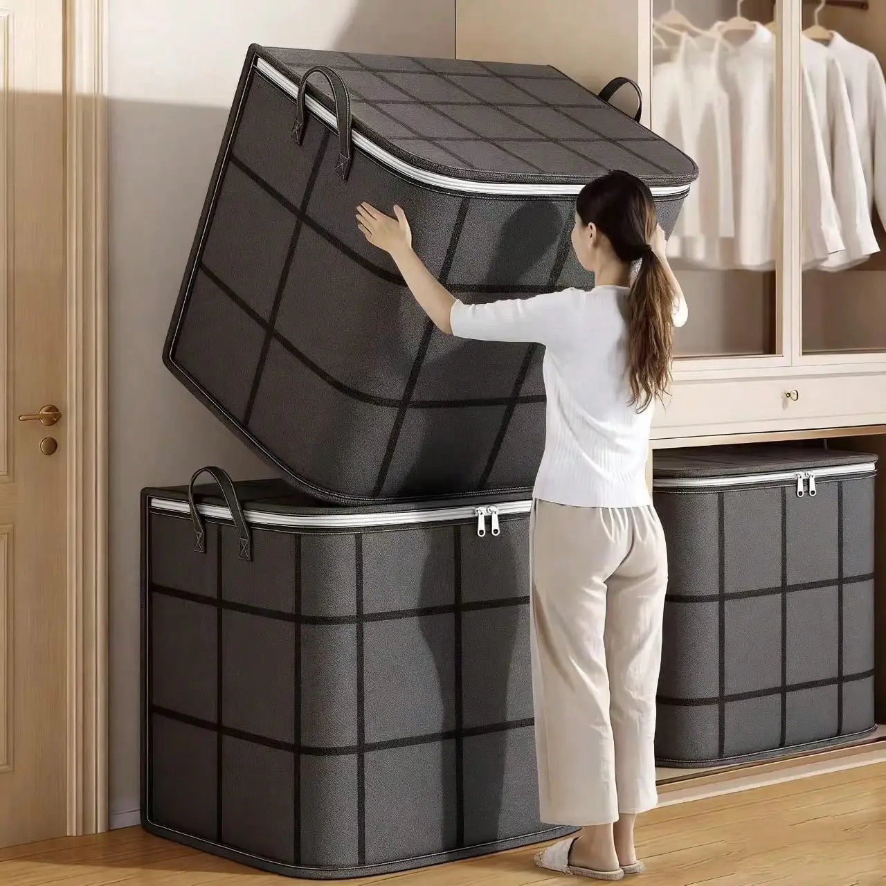 1pc Large Capacity Foldable Clothes Storage Bag, Home Goods, Blanket Dust Cover Bag, 3D Storage Bag, Bedroom Wardrobe Clothing Organizer, Easy To Fold, Space Saving, High Quality Fabric,