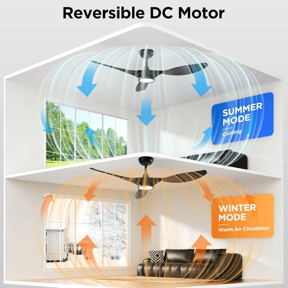 52" Ceiling Fan with Lights and Remote, Quiet DC Motor, 6 Speeds, 3 CCT, Indoor Use, Black