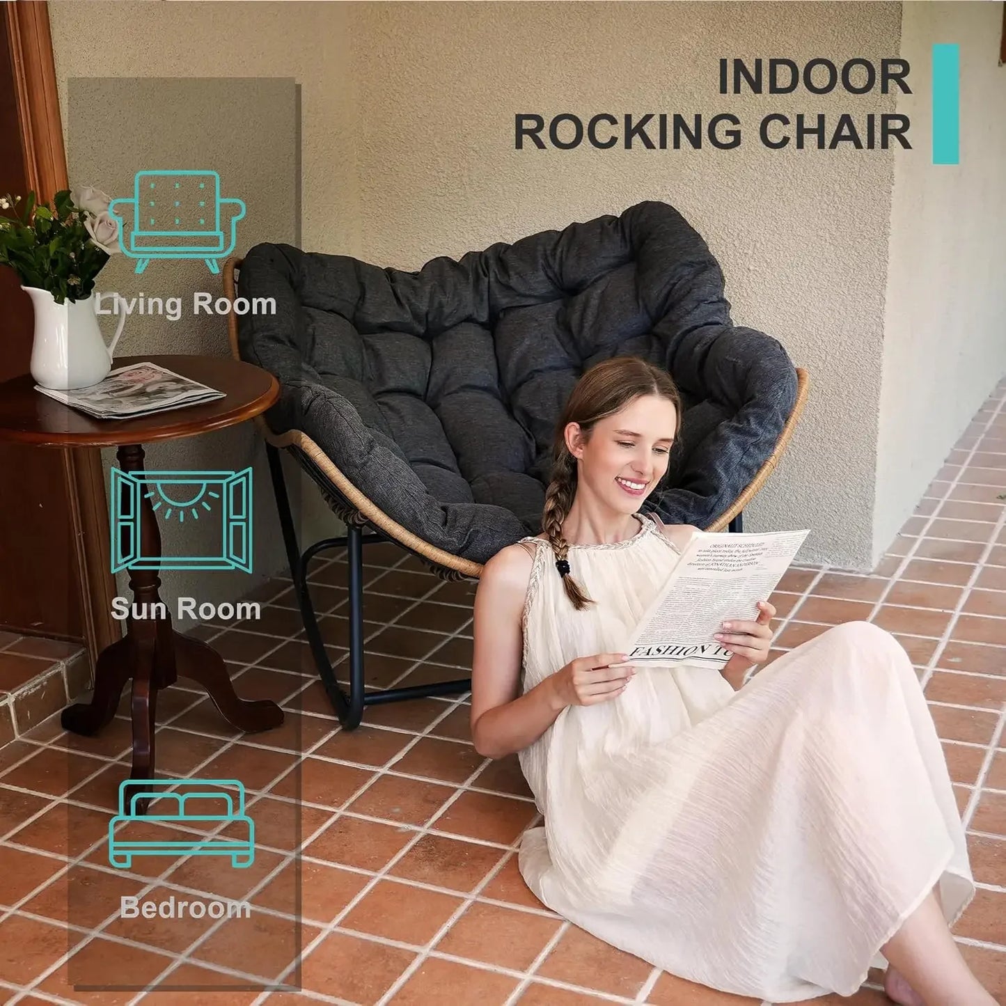 Outdoor Rocking Egg Chair, Indoor Papasan, Rattan Wicker Lounge, Modern Royal for Bedroom, Living Room, Porch, Garden,