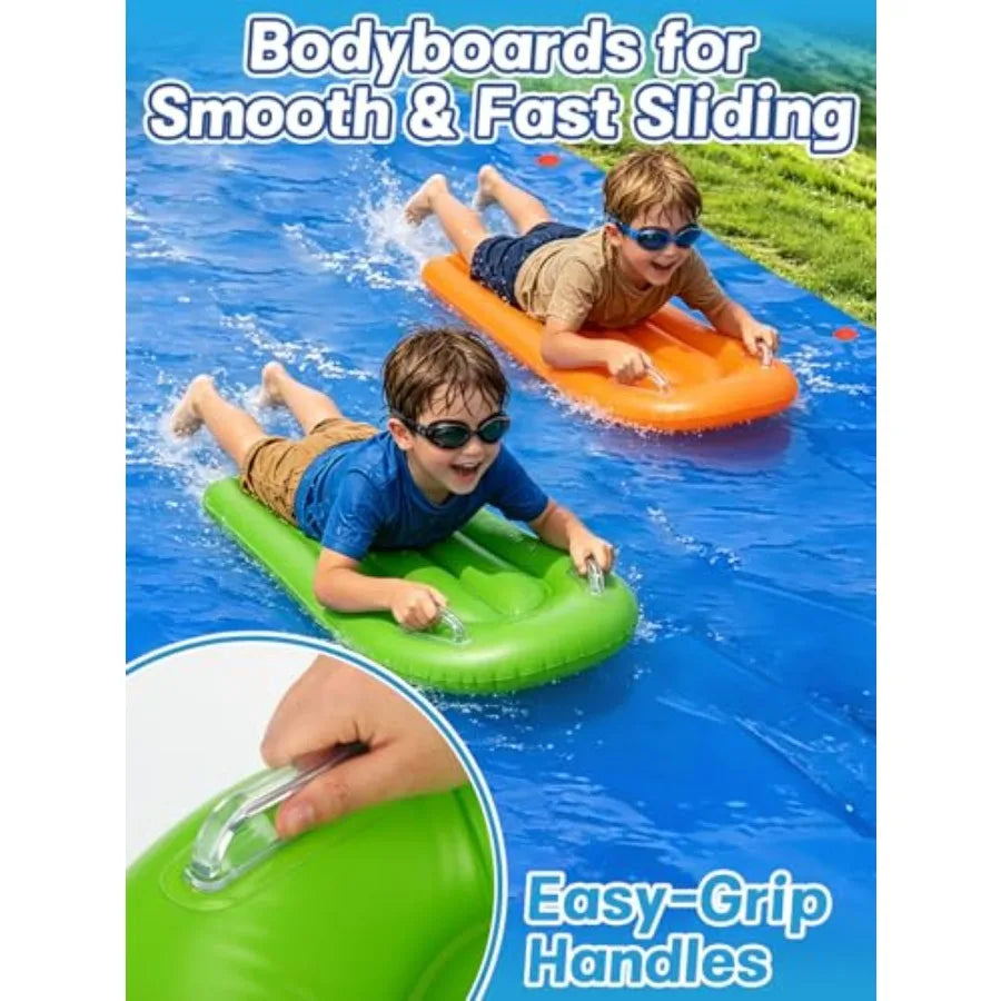 Outdoor backyard water slide for summer use, made of thick durable slick PVC material, blue and yellow color, extra wide design