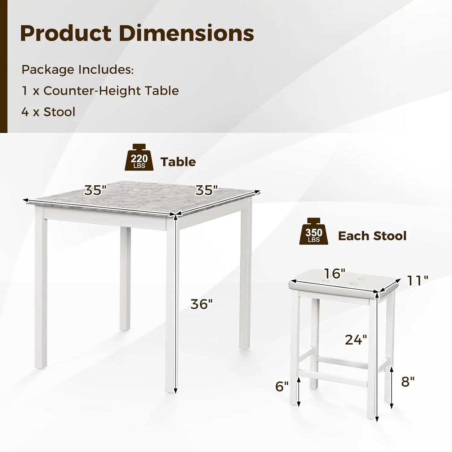 Counter Height Dining Table Set For 4, Space Saving Kitchen Table With 4 Padded Bar Stools, Elegant Faux Marble Breakfast Nook Table Set for Apartments Dining Room, White