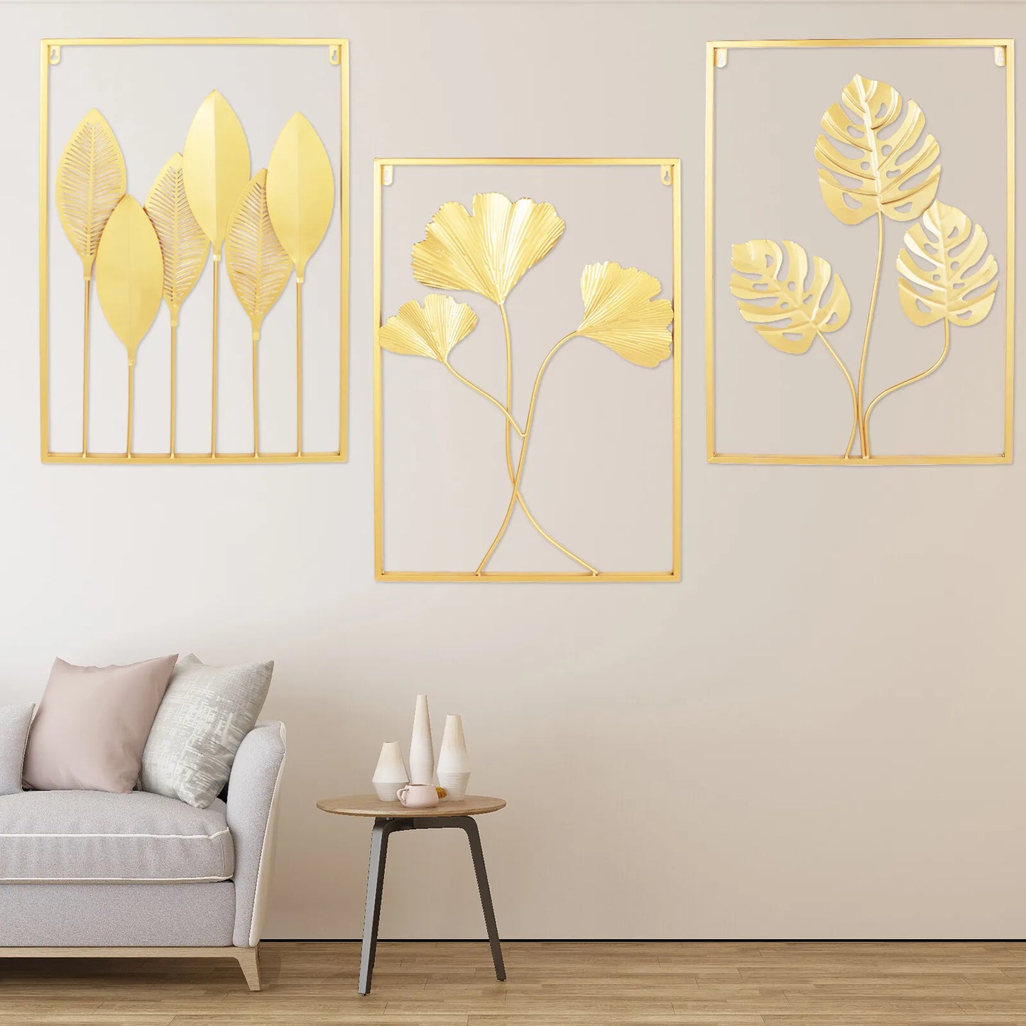 3-Piece Gold Leaf Wall Art Set, 3D Hollow Iron Panel Decor, Modern Abstract Leaf Design for Living Room Bedroom
