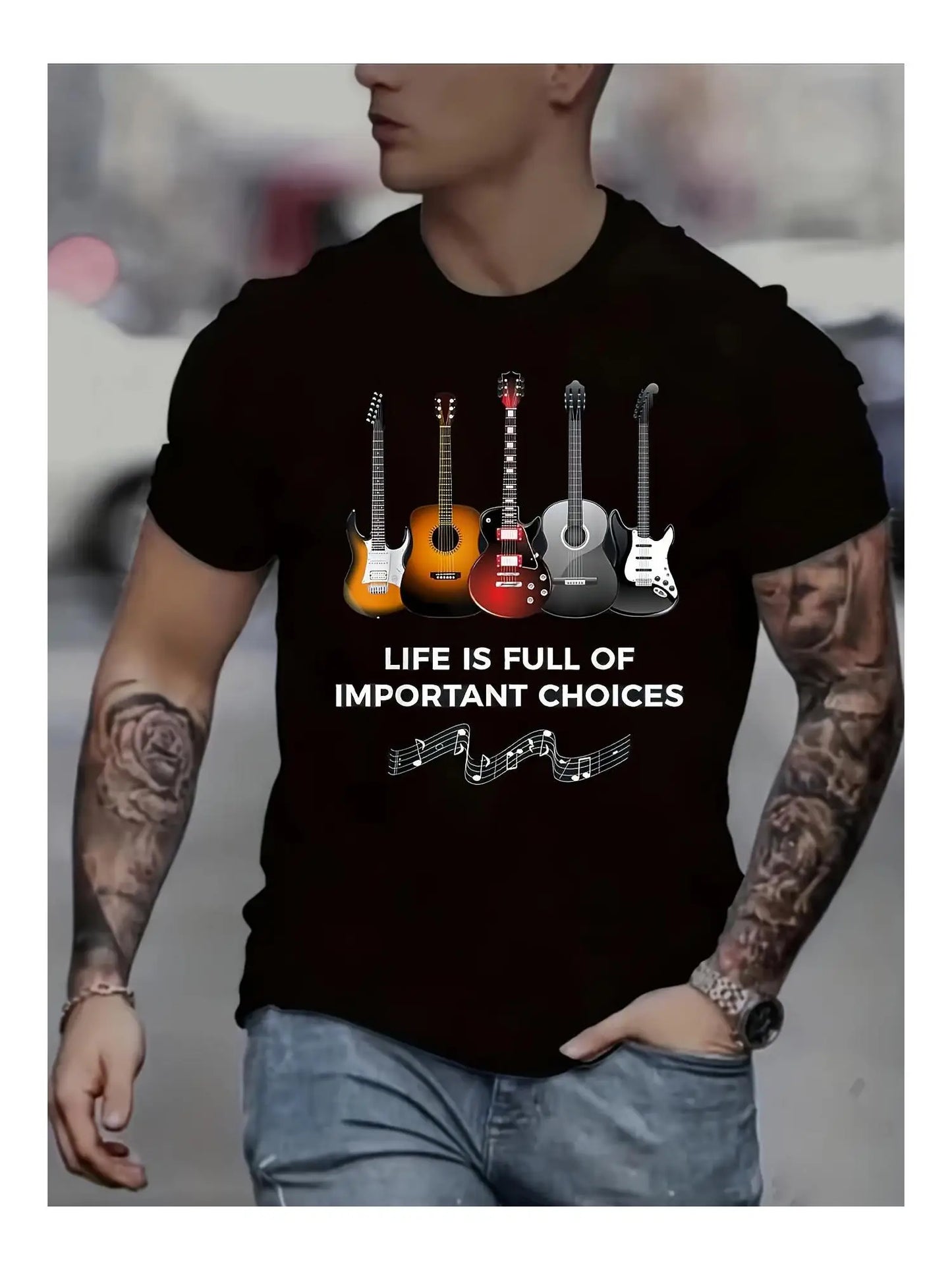 Printed Round Neck Short Sleeve Guitar T-Shirt Men's Fashion Casual Summer Spring Outdoor Versatile and Letter Print