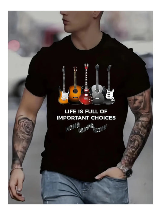 Printed Round Neck Short Sleeve Guitar T-Shirt Men's Fashion Casual Summer Spring Outdoor Versatile and Letter Print