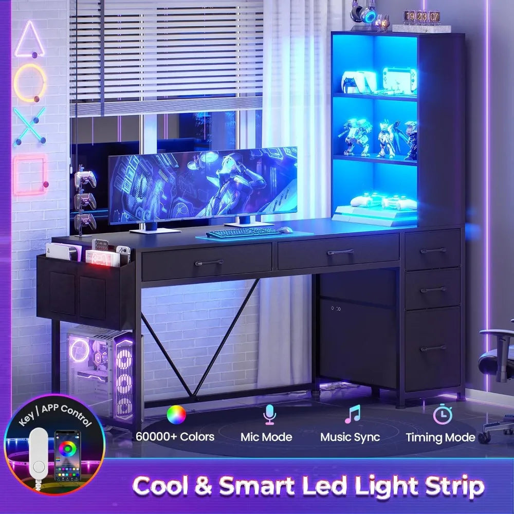 Computer Gaming Desk with 5 Drawers and Bookshelf, Reversible Home Office Desk with Storage Shelves and File Drawer, Corner Des