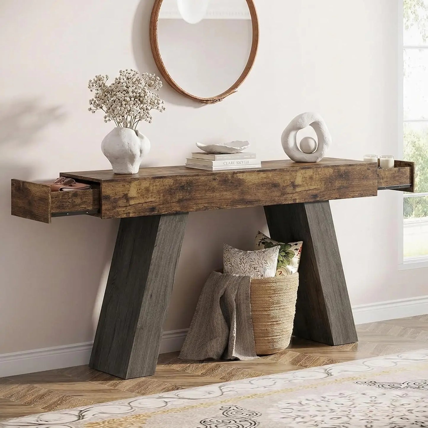 63-Inch Long Console Table with Storage Drawers, Wood Grain Sofa Table Behind Couch, for Entryway, Entrance,, Customized