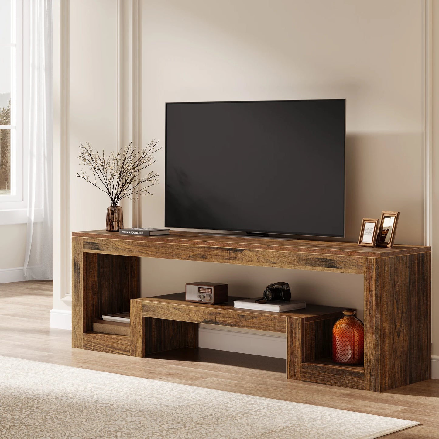 Tribesigns 63-Inch TV Stand for 55/60/65-Inch TVs, Farmhouse Entertainment Center with Open Storage Shelves, Rustic Brown Television Console for Living Room, Bedroom
