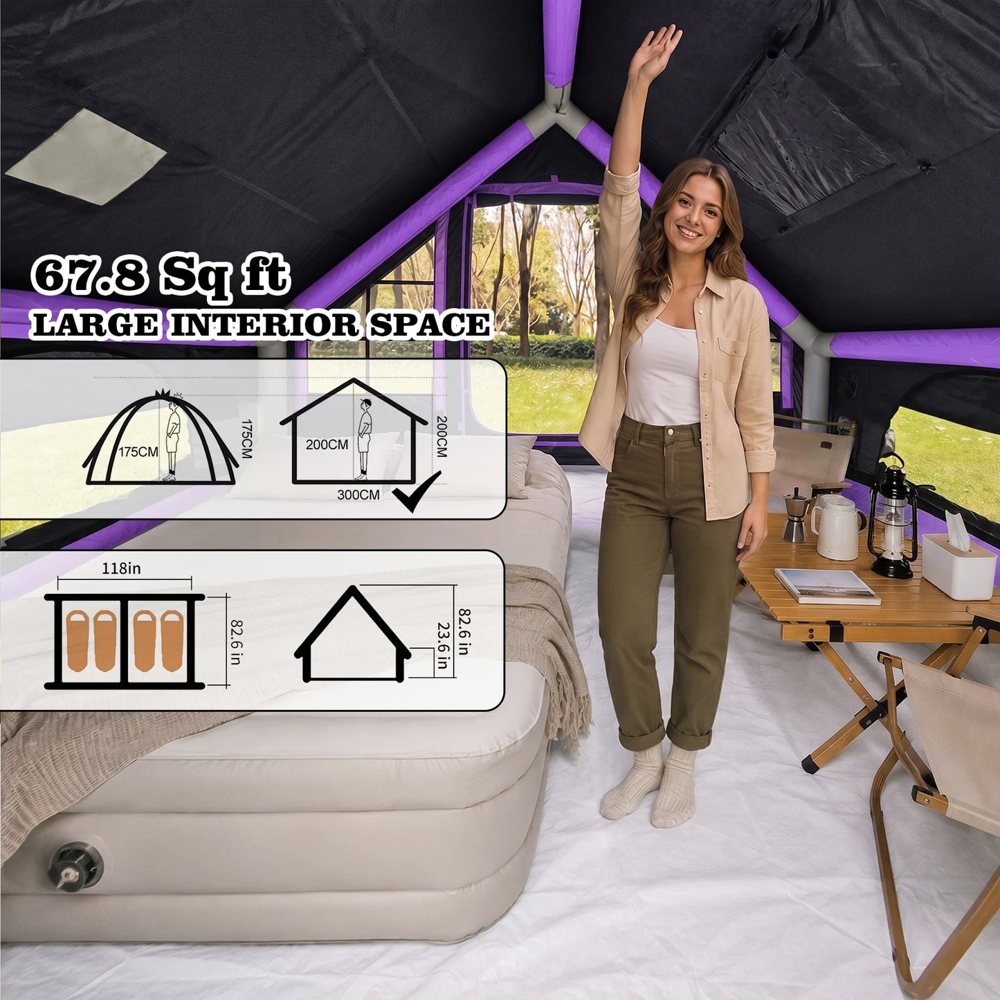 SENLEETO 67.8 SqFt Inflatable Camping Tent for 2-3 Person with Stove Jack,Black Coating Easy Setup Blow Up Tent with Skylight AC Vent Mesh Window