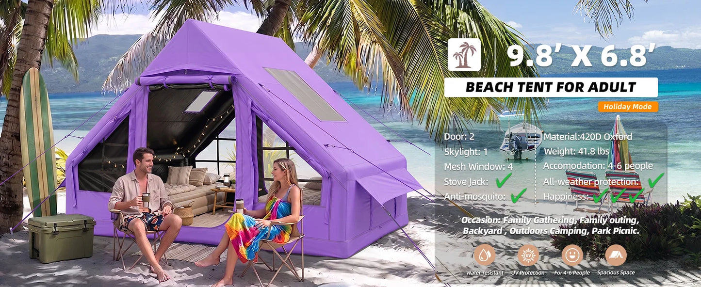 SENLEETO 67.8 SqFt Inflatable Camping Tent for 2-3 Person with Stove Jack,Black Coating Easy Setup Blow Up Tent with Skylight AC Vent Mesh Window