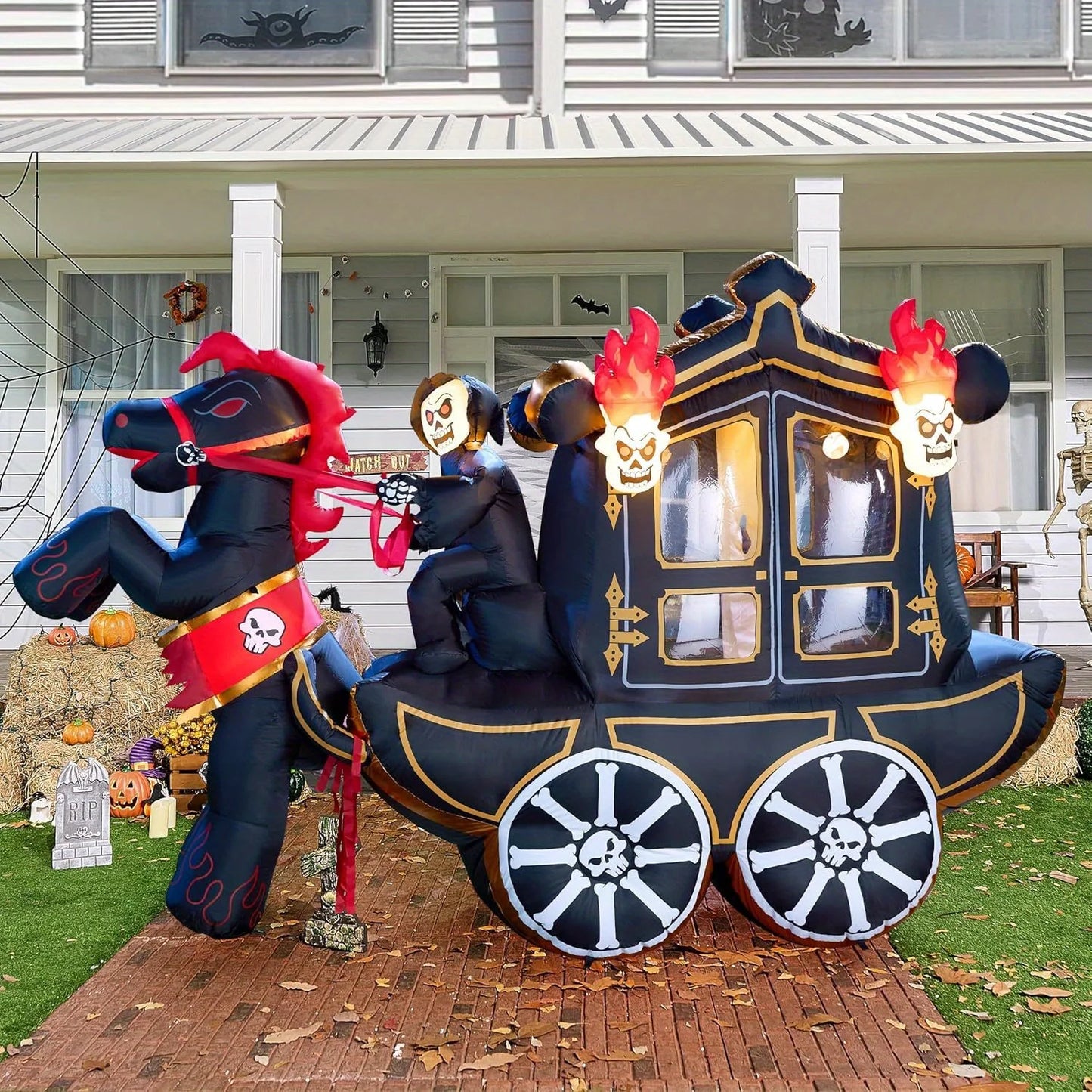 10 Ft Long Halloween Inflatables Carriage Outdoor Decorations with Hellfire Design, Inflatable Carriage with Build-in LEDs Halloween Blow Up for Yard, Party Decoration Outside Garden Lawn, Photobooth Props